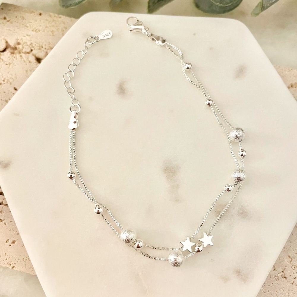 925 Sterling Silver Star Bracelet Silver Bead Bracelet Dainty Silver Bracelet - Picture 2 of 4